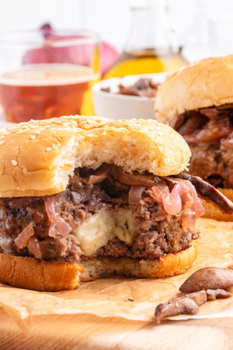 photo showing bite out of gorgonzola stuffed burger