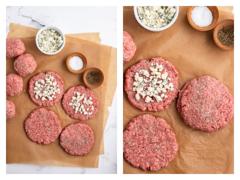 two photos showing how to assemble gorgonzola stuffed burgers