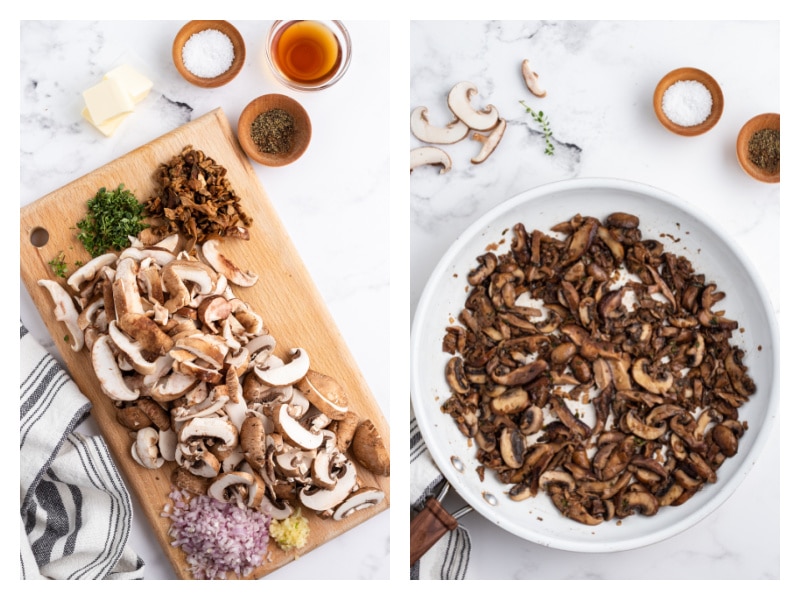 two photos showing how to make sauteed wild mushrooms