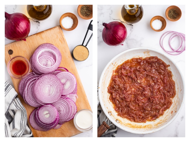 two photos showing how to make caramelized red onions