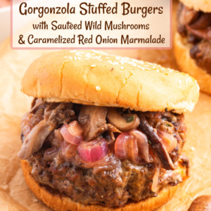 pinterest image for gorgonzola stuffed burgers