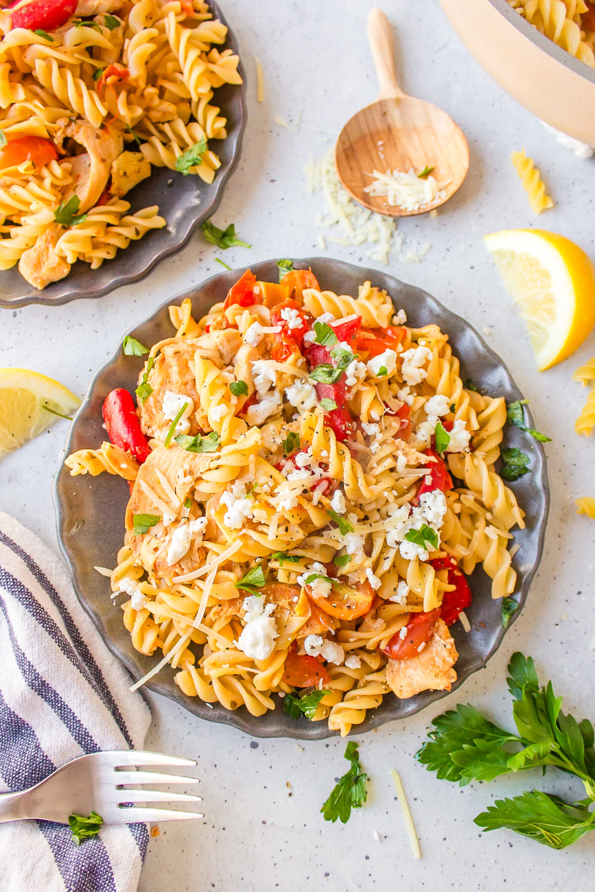 overhead shot of greek chicken pasta in bowl