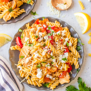 overhead shot of greek chicken pasta in bowl