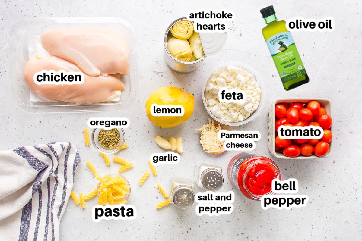 ingredients displayed for making greek chicken pasta