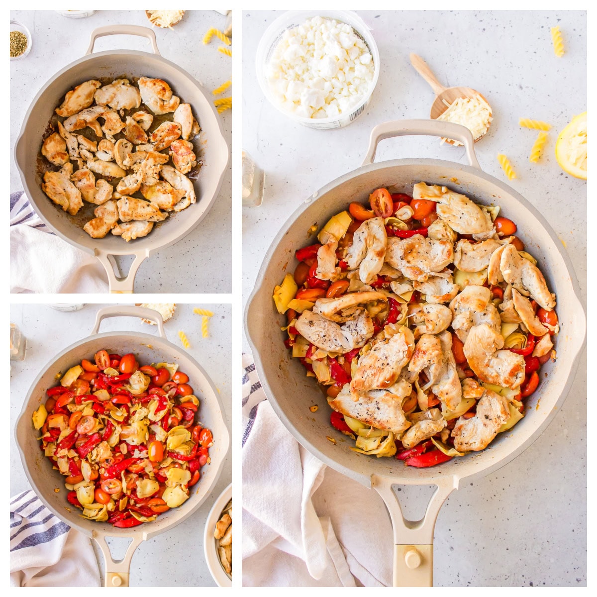 three photos showing how to make greek chicken pasta