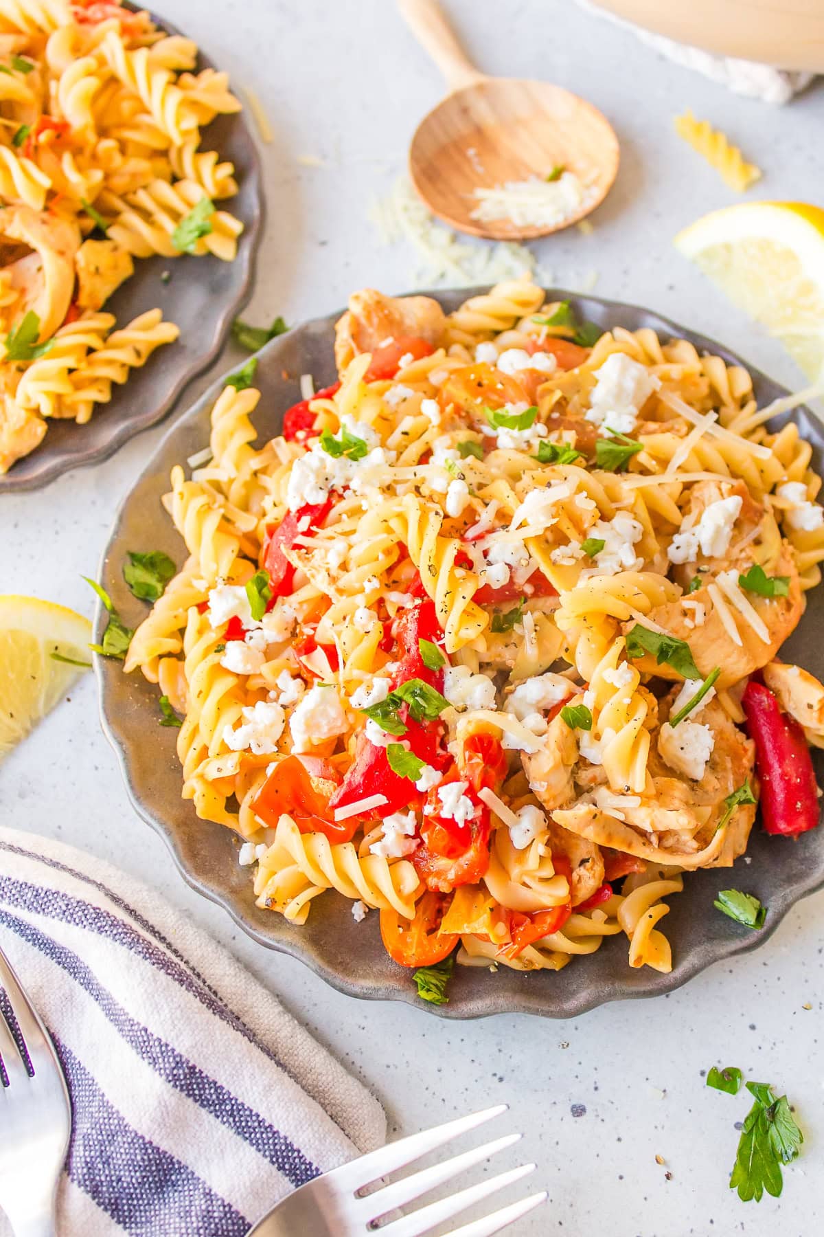 greek chicken pasta in a bowl