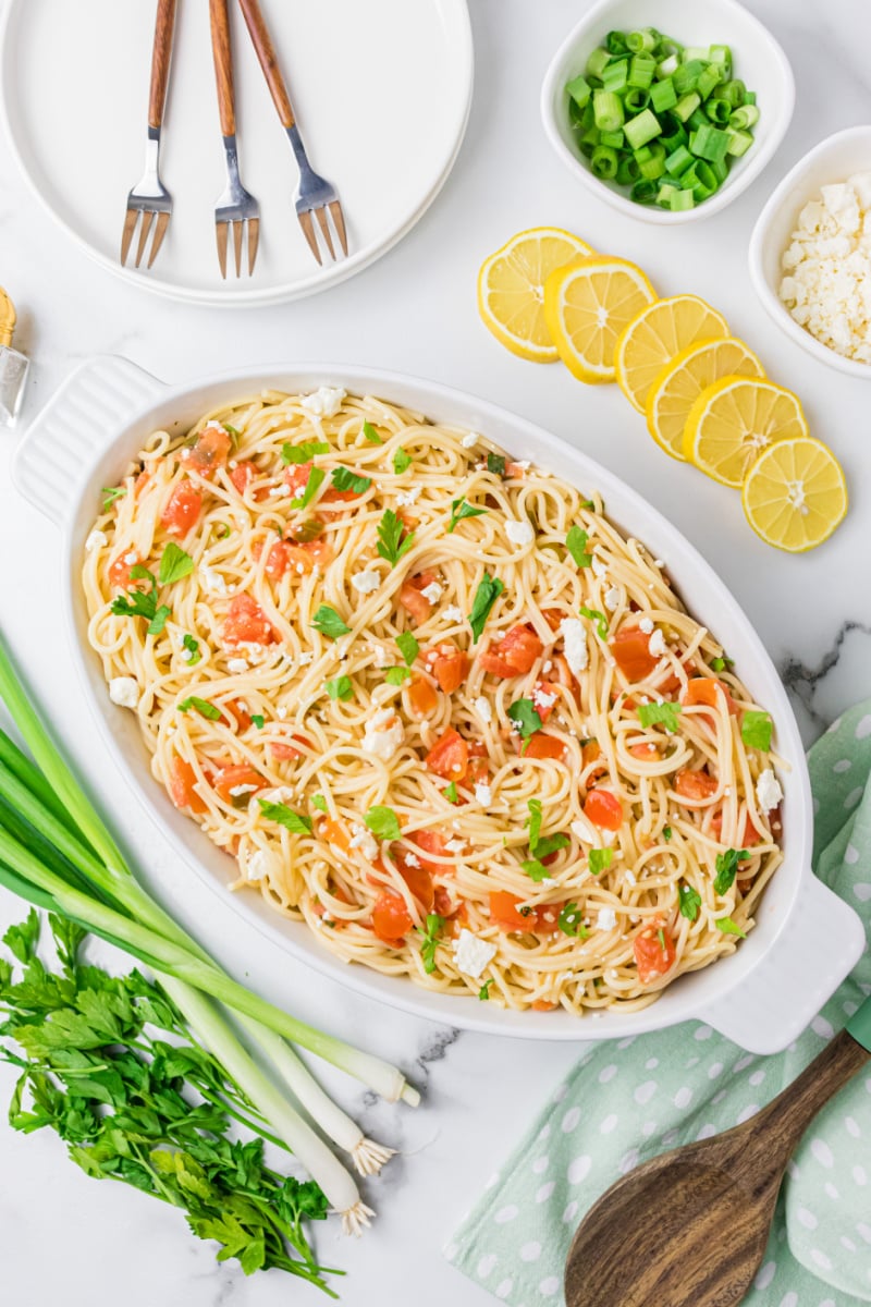 greek spaghetti in a serving dish