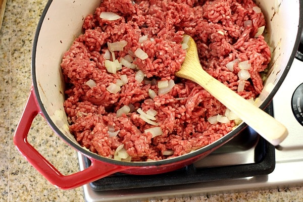 Halftime Chili recipe from RecipeGirl.com #halftime #chili #superbowl #recipe #RecipeGirl Ground Beef and Onions Cooking