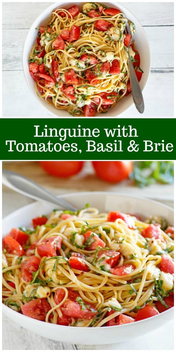 Linguine with Tomatoes Basil and Brie recipe from RecipeGirl.com #linguine #pasta #tomatoes #basil #brie #recipe #summer #dinner #RecipeGirl