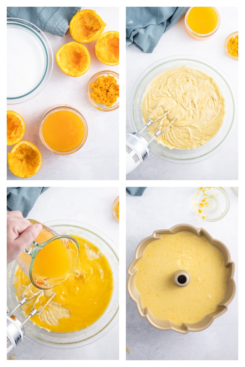 four photos showing how to make orange cake