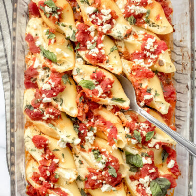 casserole dish of stuffed pasta shells