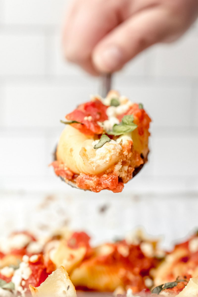 spoonful of pasta shell being lifted above the dish of shells