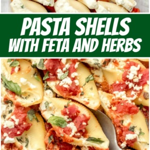 pinterest collage image for pasta shells with feta and herbs