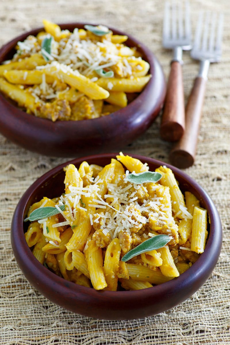 Pasta with Pumpkin and Sausage in serving dishes