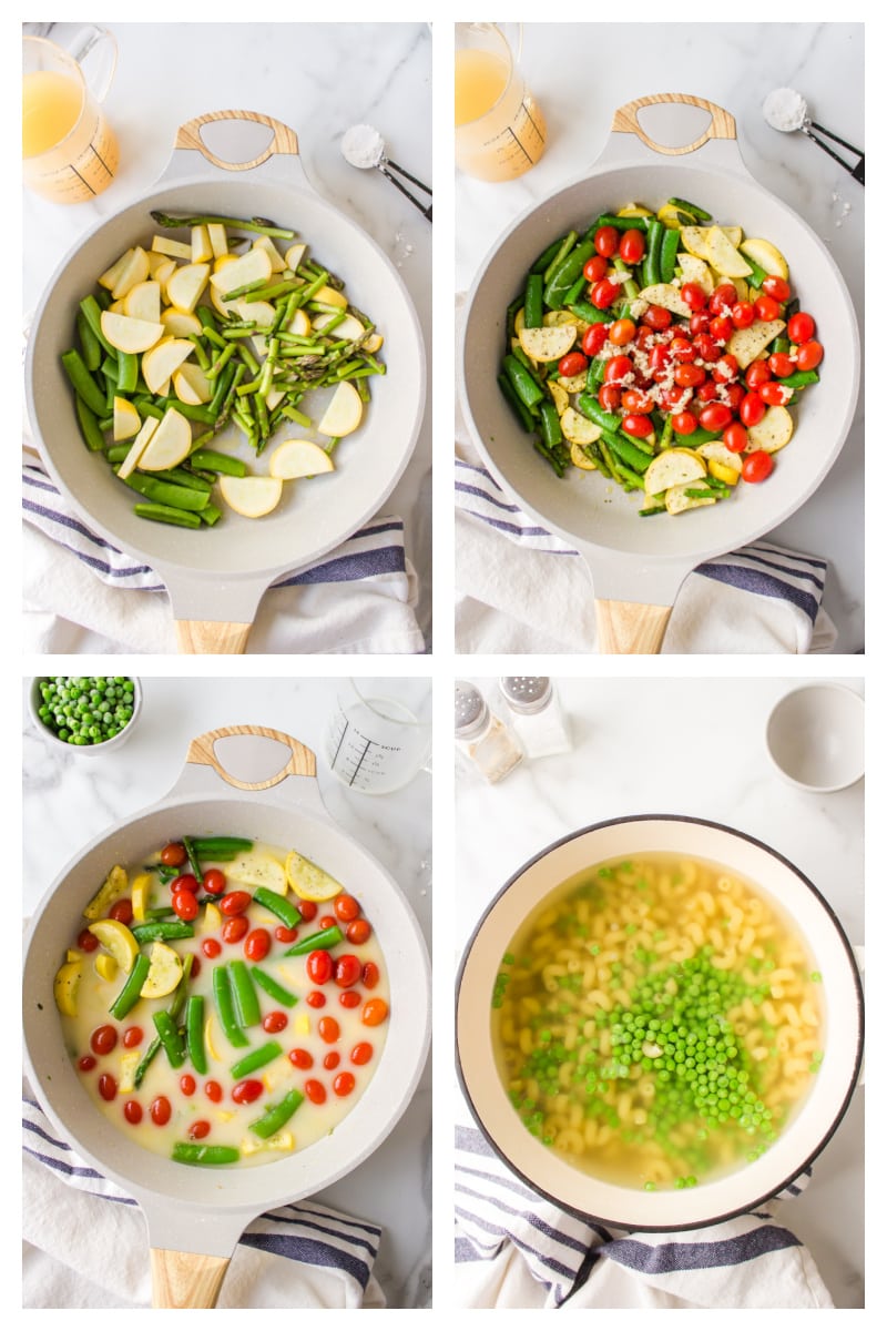 four photos showing preparation of pasta with veggies in a pot