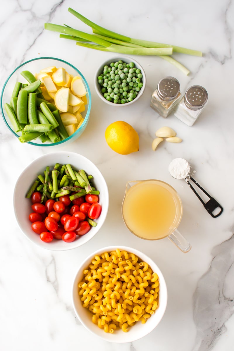 ingredients displayed for making pasta with spring vegetables