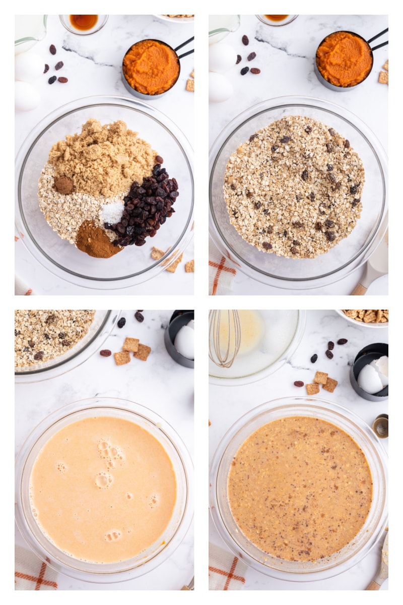 four photos showing how to make baked pumpkin pie oatmeal