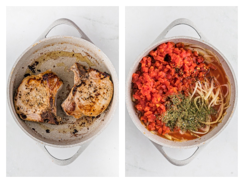 two photos showing pork chops in pan and then pizzaiola ingredients added to it