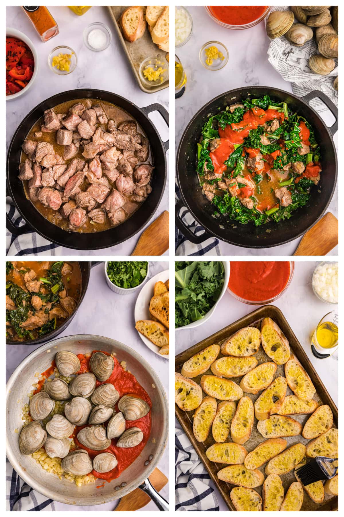 four photos showing how to make pork stew with clams and mussels