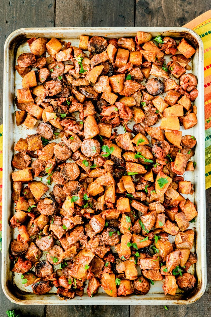 sheet pan filled with roasted portuguese potatoes and sausage