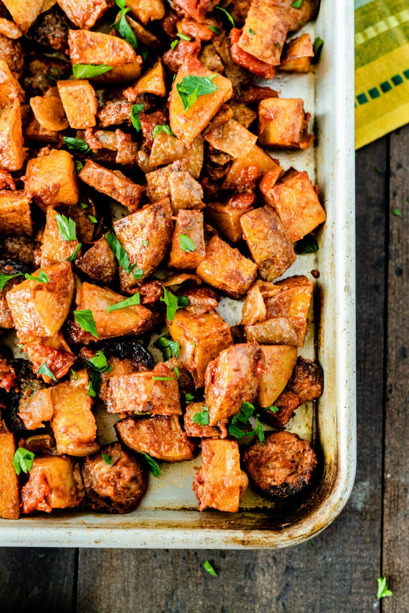 sheet pan with roasted potatoes and portuguese sausage