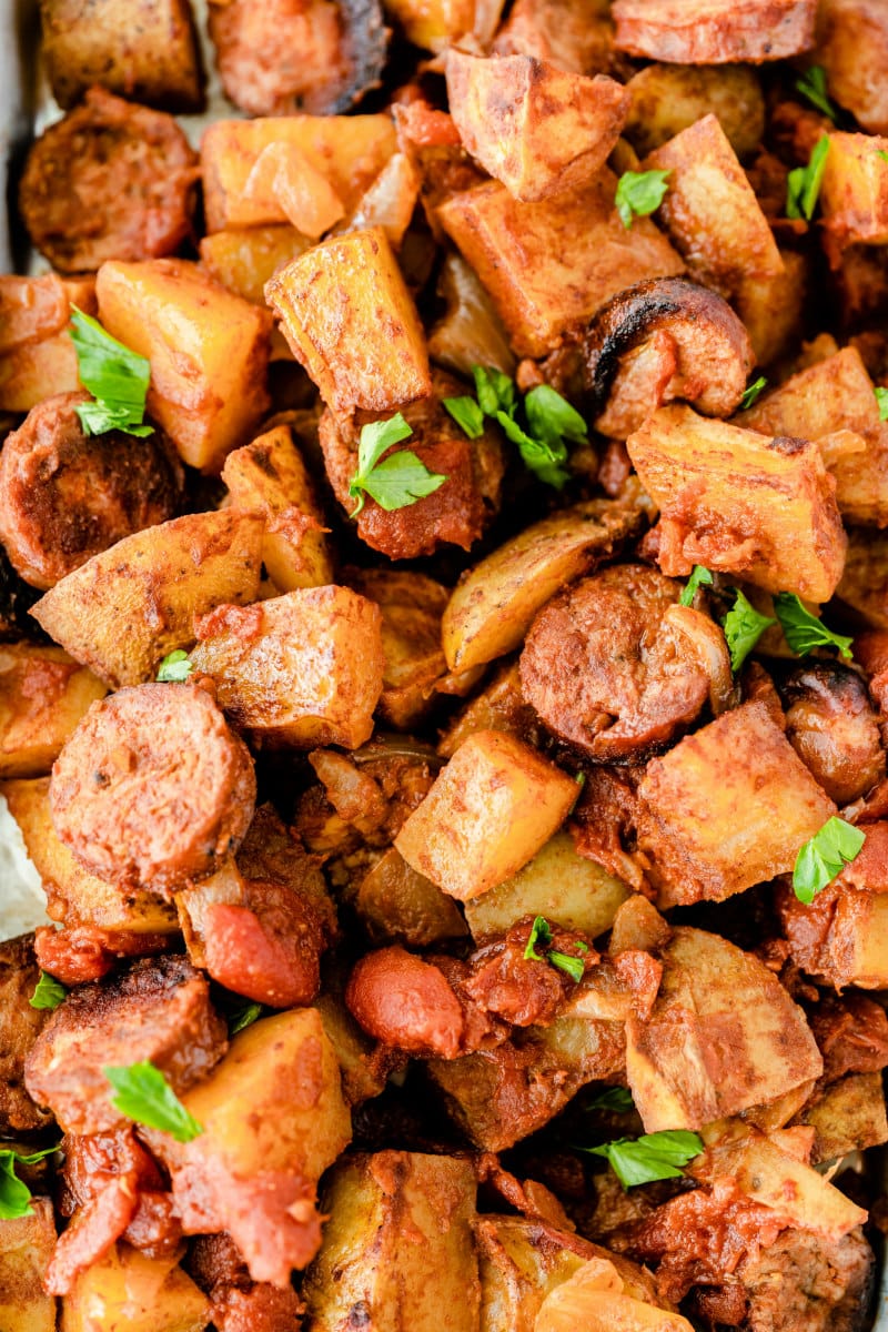 close up of portuguese roasted potatoes and sausage