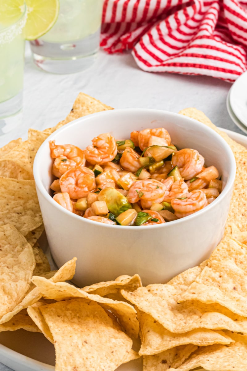 shrimp ceviche in a bowl with tortilla chips