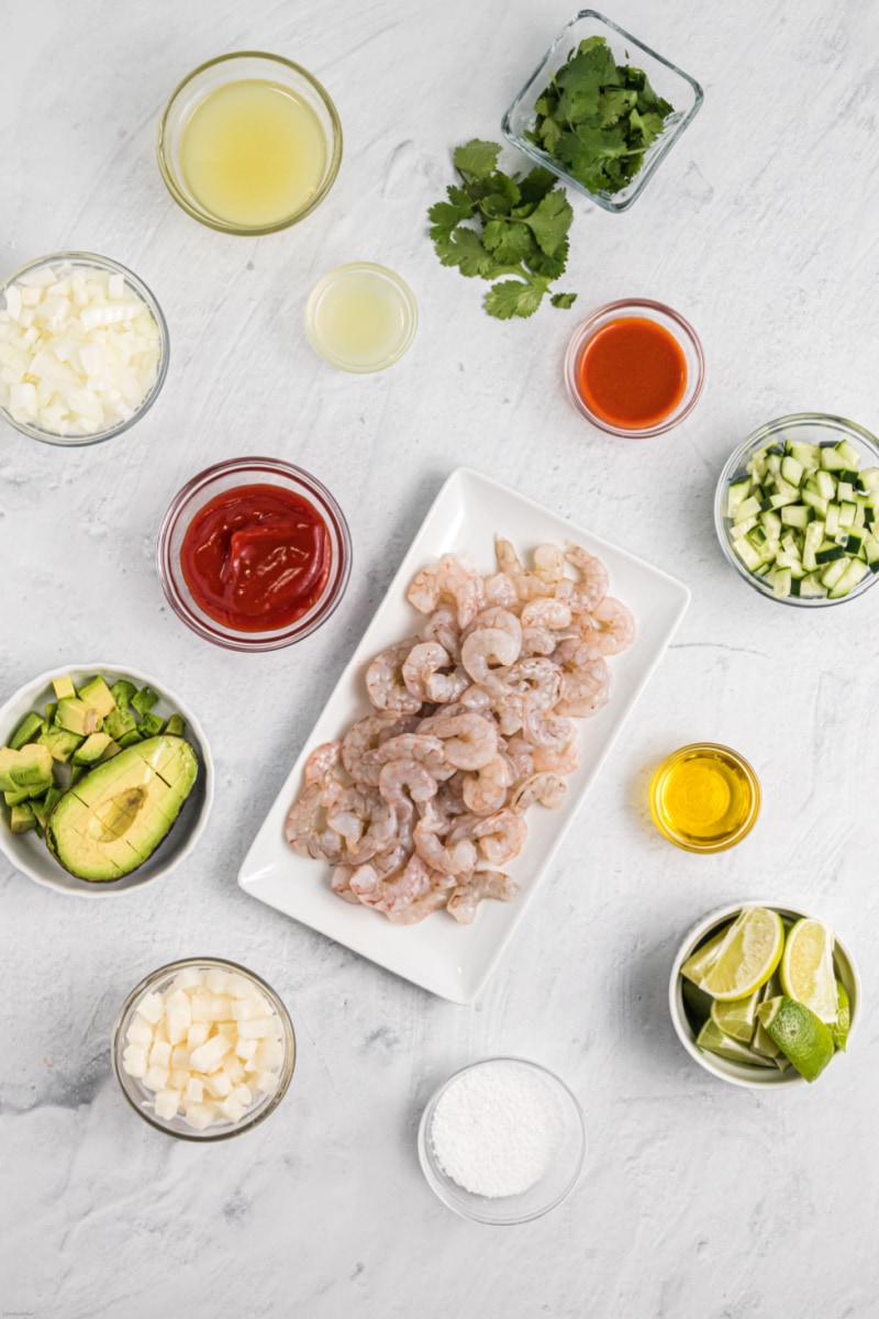 ingredients displayed for making shrimp ceviche