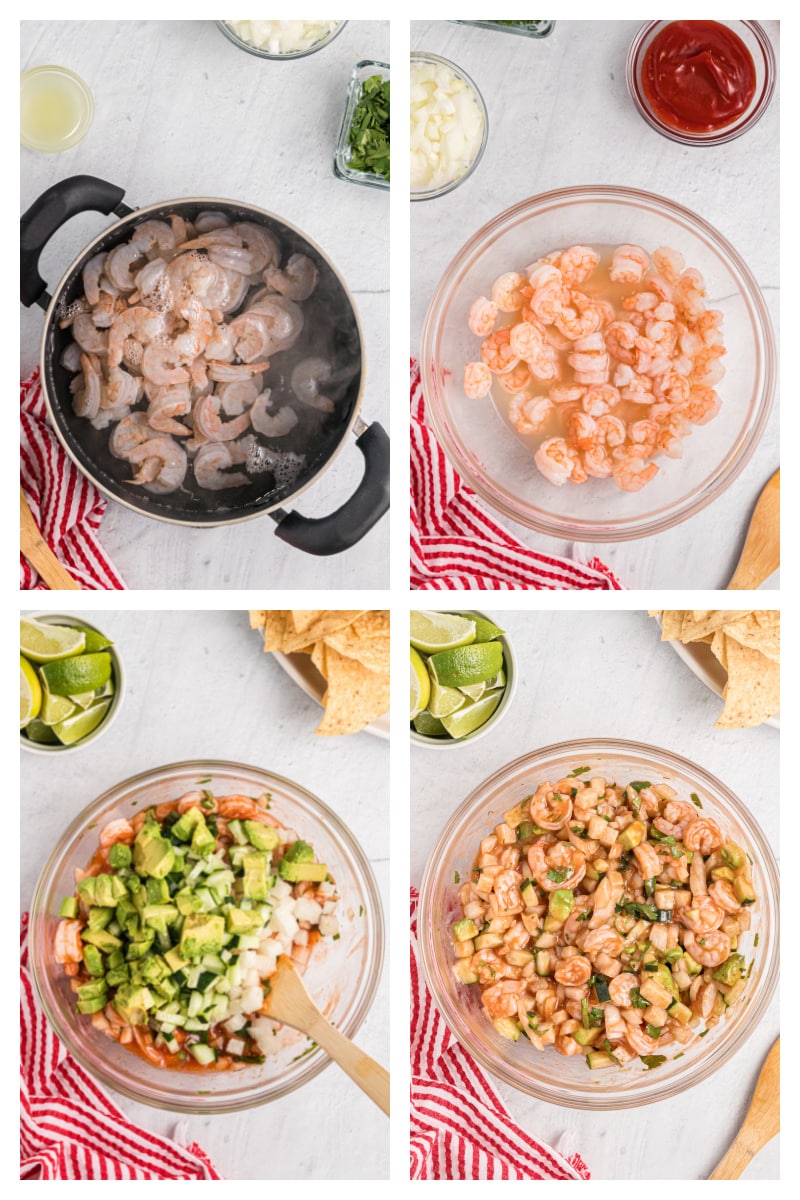four photos showing how to make shrimp ceviche