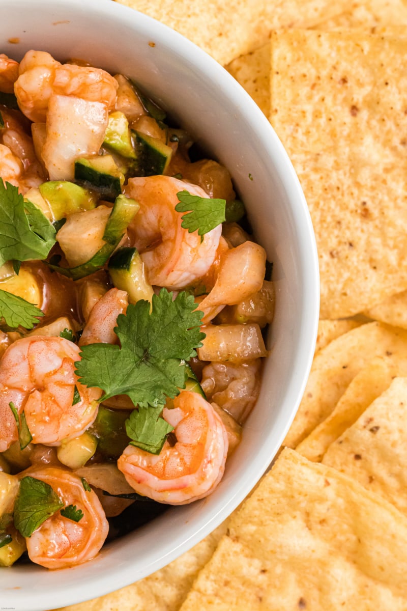 shrimp ceviche in bowl with tortilla chips