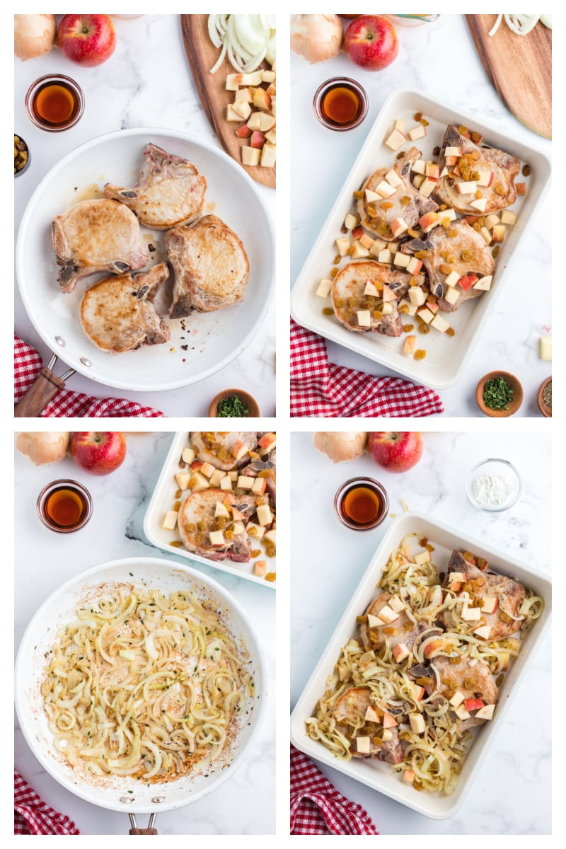 4 photos showing process of making smoked pork chops with maple baked apples