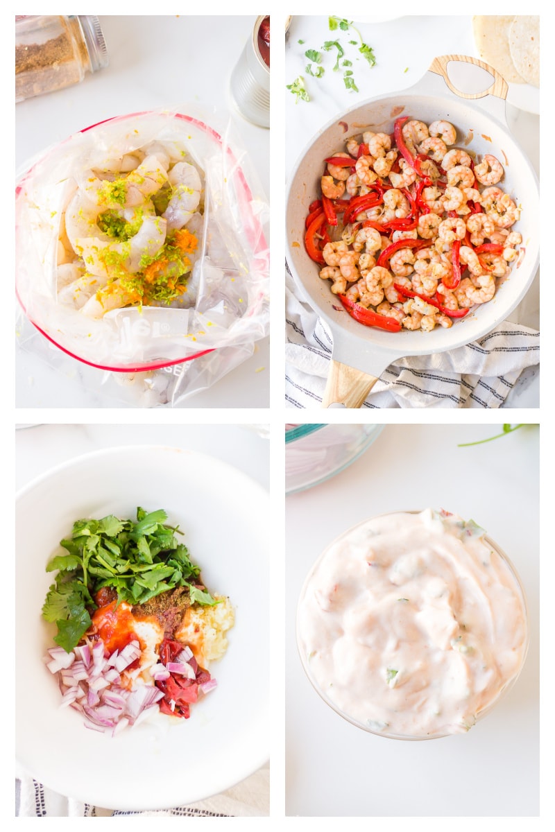 four photos showing process of making tequila lime shrimp tacos