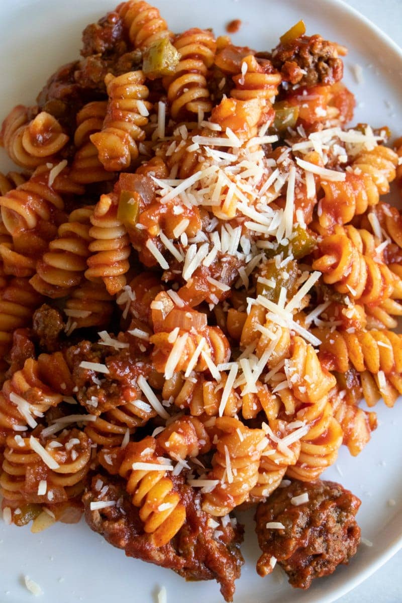 Easy Tomato Beef Pasta recipe from RecipeGirl.com #tomato #juice #tomatojuice #beef #pasta #recipe #easy #dinner #RecipeGirl Serving of Tomato Beef Pasta