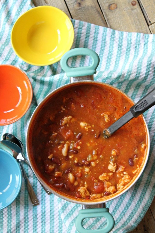Turkey Pumpkin Chili recipe from RecipeGirl.com #turkey #pumpkin #chili #recipe #RecipeGirl Turkey Pumpkin Chili in a pot
