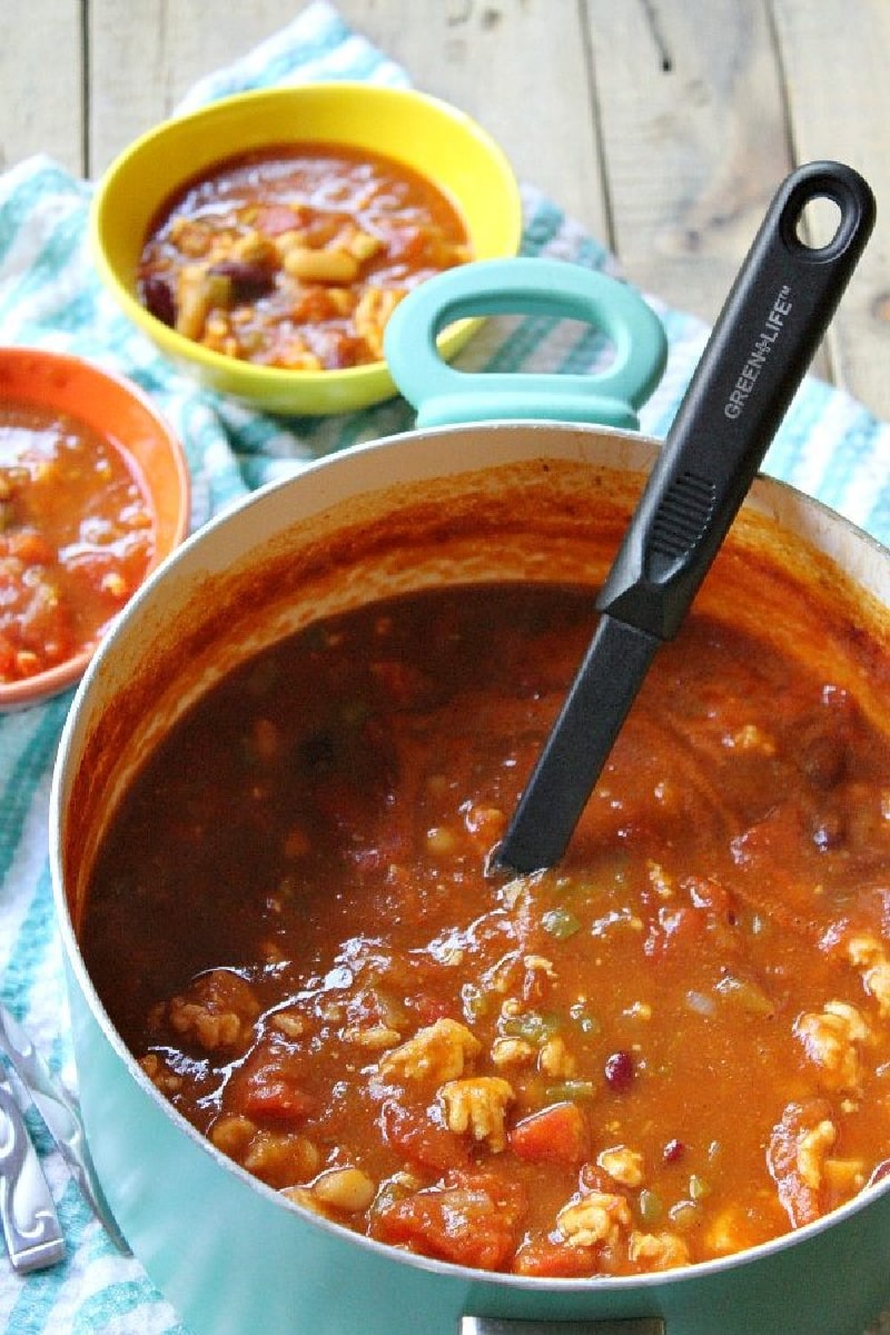 Turkey Pumpkin Chili recipe from RecipeGirl.com #turkey #pumpkin #chili #recipe #RecipeGirl pot of chili