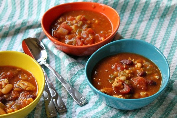 Turkey Pumpkin Chili recipe from RecipeGirl.com #turkey #pumpkin #chili #recipe #RecipeGirl Turkey Pumpkin Chili in three bowls