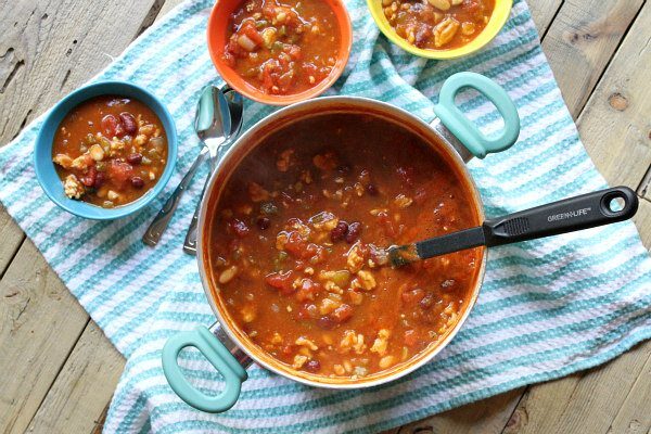 Turkey Pumpkin Chili in pot and bowls