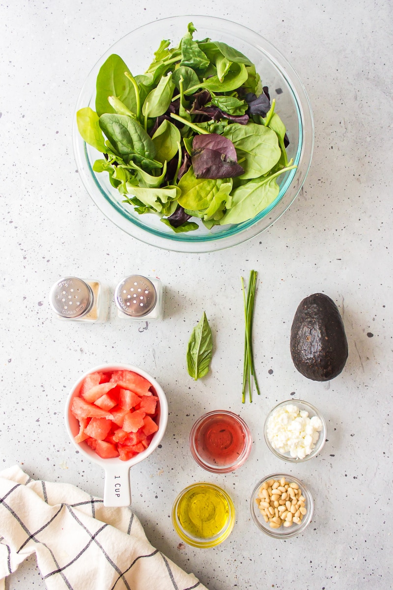 ingredients displayed for making watermelon and avocado salad