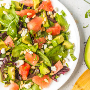 pinterest image for watermelon and avocado salad