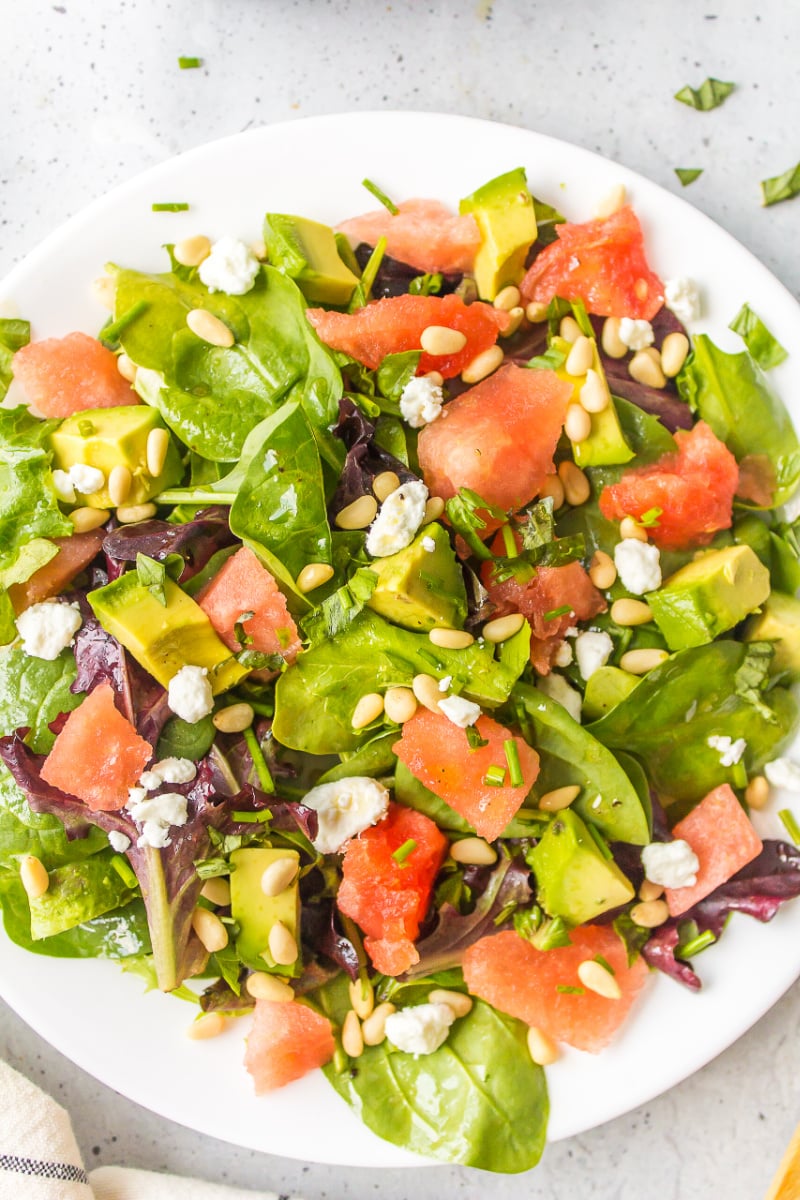 watermelon and avocado salad on a plate