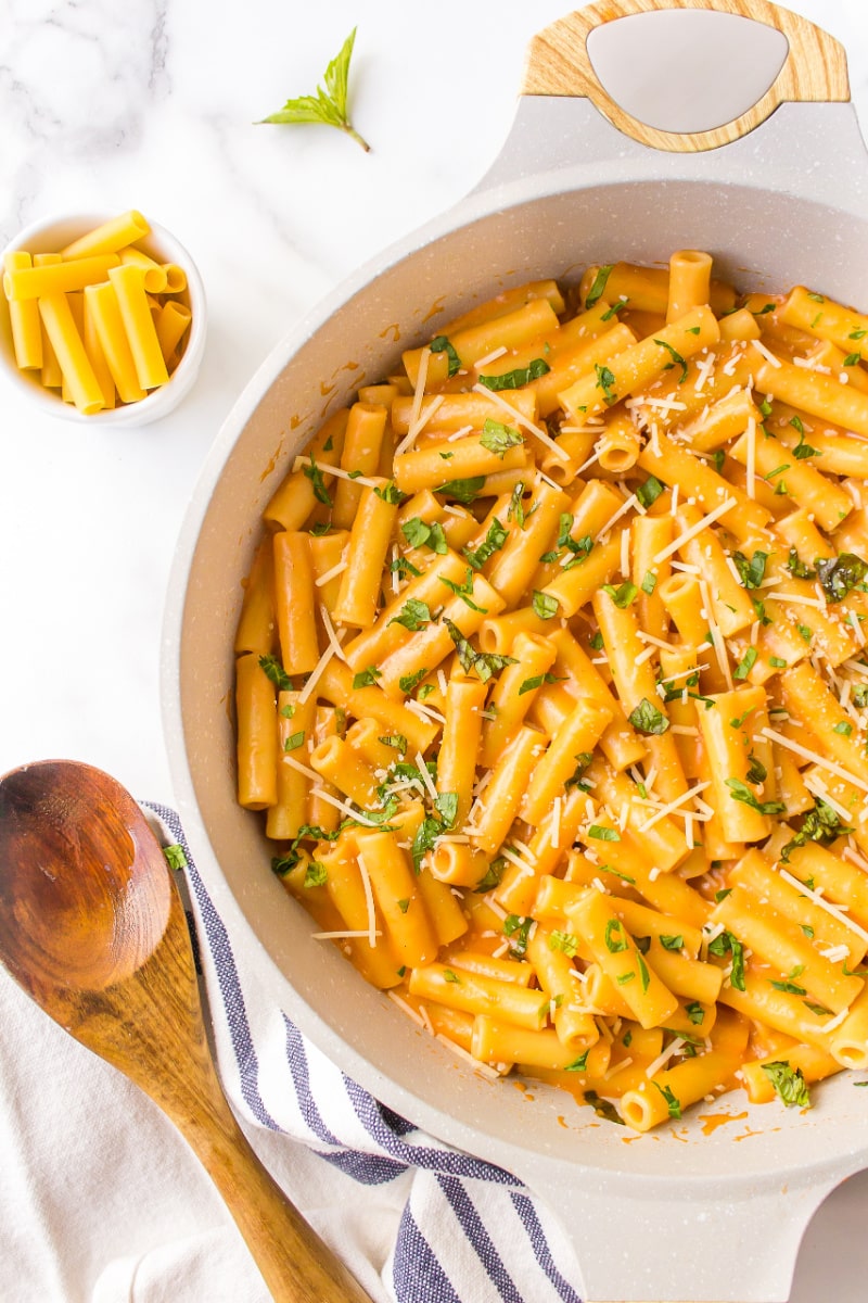 skillet full of ziti with vodka sauce