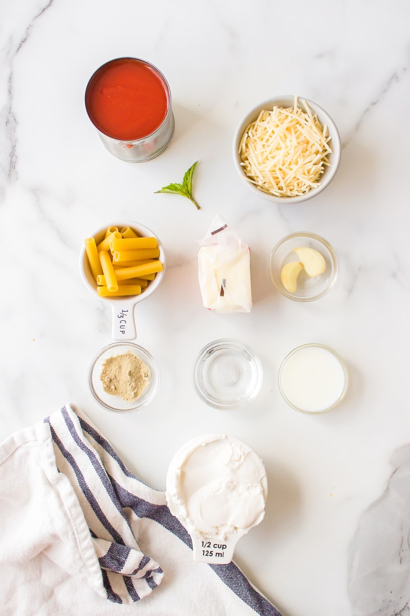 ingredients displayed for making ziti with vodka sauce