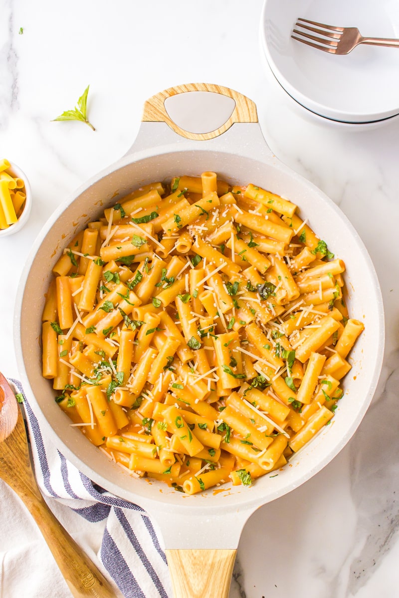 ziti with vodka sauce in a pan