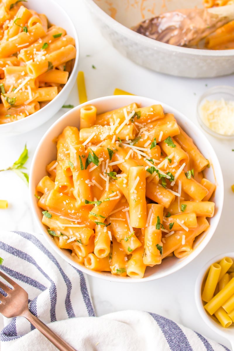 bowl of ziti with vodka sauce