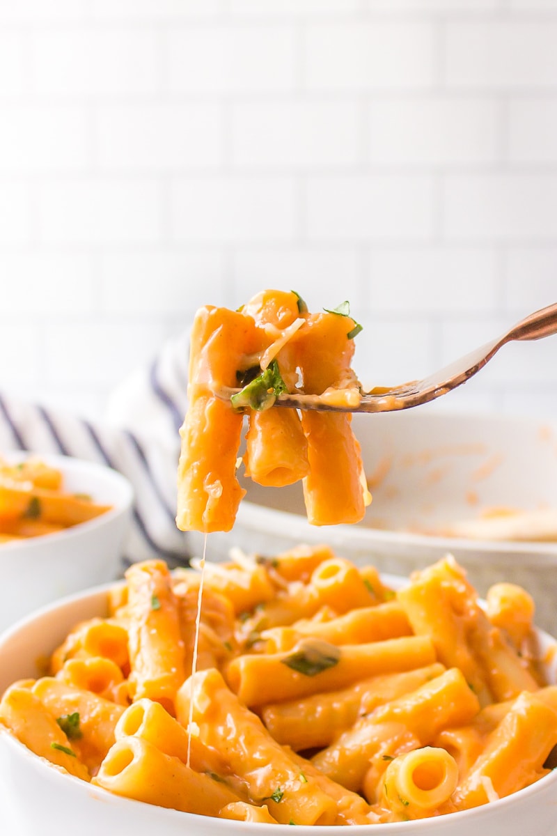 fork full of ziti with vodka sauce