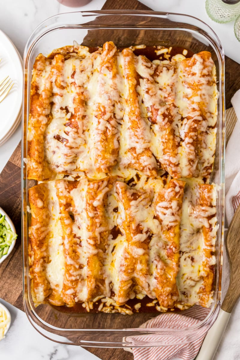 zucchini beef enchiladas in a baking dish