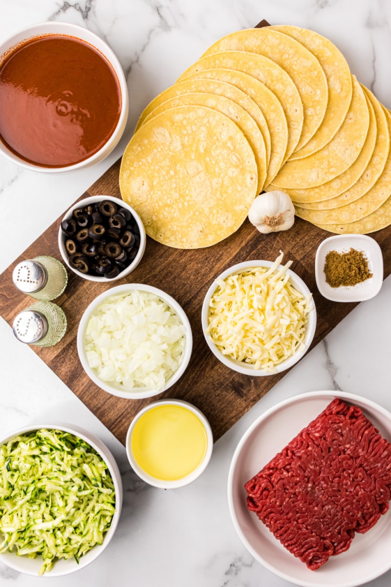 ingredients displayed for making zucchini beef enchiladas