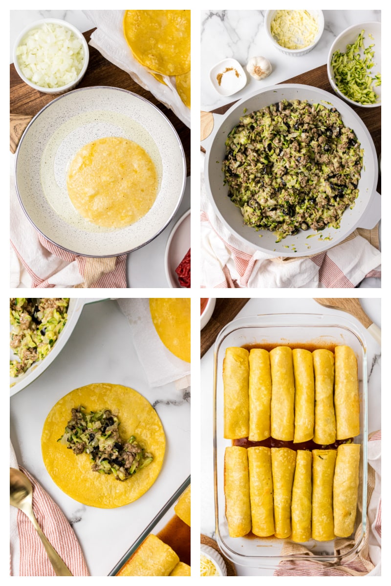 four photos showing how to make zucchini beef enchiladas