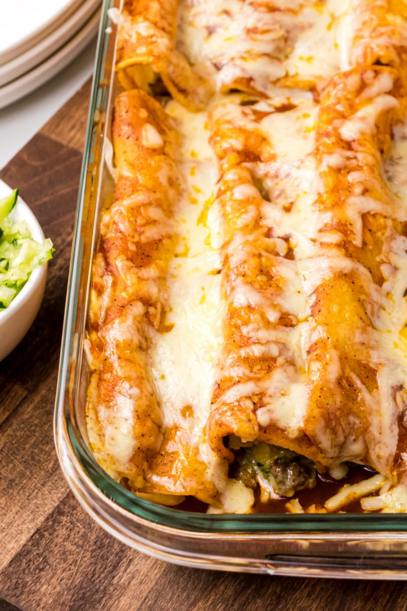 zucchini beef enchiladas in baking dish