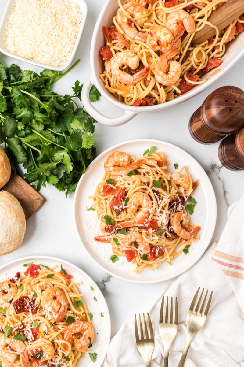 plates of chipotle beer shrimp pasta